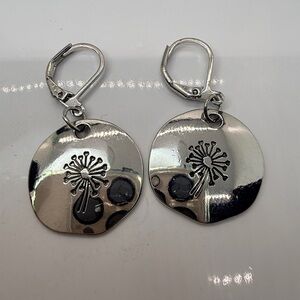 Silver Tone Dandelion Disc Drop Earrings Botanical Nature Design